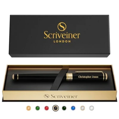 Image of Personalised Scriveiner Black Rollerball Pen Stunning Luxury Pen, Jet Lacquer and 24K Gold Finish, Schmidt Ink Refill, Best Engraved Roller Ball Gift Set for Men &amp; Women, Custom Name Engraving
