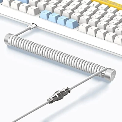 Image of MAMBASNAKE C01 Custom Coiled Keyboard Cable and Metal Aviator Winder Set Fixed Rod + TPU USB C with Detachable Aviation Connector for Gaming White