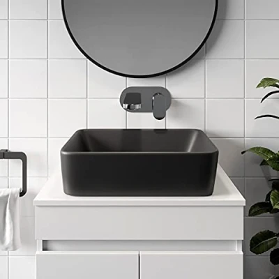 Image of Affine® 480 x 370mm Bathroom Countertop Vanity Wash Basin Ceramic Sink, Rectangular, Black Vessel Modern Cloakroom Sinks