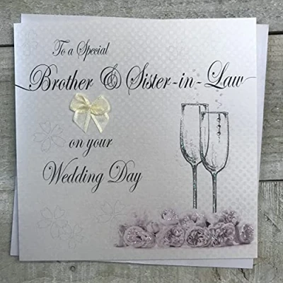 Image of Brother &amp; Sister in Law Wedding Card, Champagne Flutes Roses Handmade by White Cotton Cards LL237