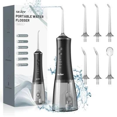 Image of Sejoy Water Flossers for Teeth Cleaning Upgraded 280ml Cordless Dental Portable Rechargeable Oral Irrigator with 4 Modes 6 Jet Tips IPX7 Waterproof Floss Home Travel (Black)