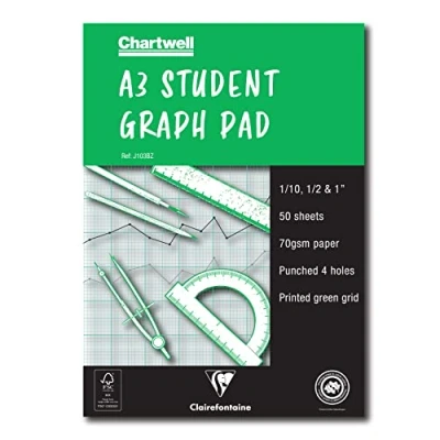 Image of Clairefontaine Ref J103BZ Chartwell Graph Pad (Contains 30 Sheets) A3 (420 x 297mm) Sized, 1/10, 1/2 &amp; 1 Inch Square Rulings, 70gsm Punched Paper, FSC Certified