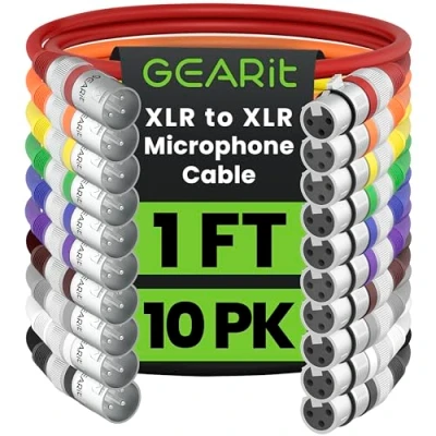 Image of GearIT XLR to Microphone Cable (1 Feet, 10 Pack) Male Female Mic 3 Pin Balanced Shielded for Mixer, Recording Studio, Podcast Multi Colored, 1Ft, Pack