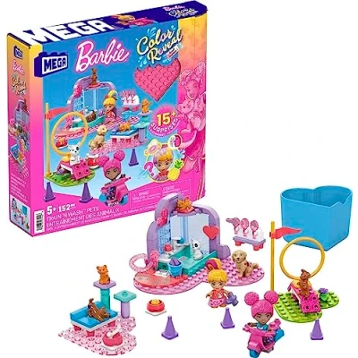 Image of MEGA Barbie Color Reveal Building Toy Playset, Train n Wash Pets with 152 Pieces, 15 Surprises, Accessories and 6 Pets, Kids Age 5+ Years, HHP89