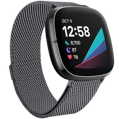 Image of Faliogo Compatible with Fitbit Versa 3 Strap/Fitbit 4 Sense Strap, Adjustable Stainless Steel Metal Replacement Strap Magnet Lock for 4/Versa 3/Sense, Small Space Grey