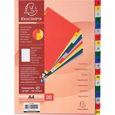 Image of Exacompta Ref 94E PP Printed Indices For Use With A4 Documents, 0.1mm Polypropylene, Pre Punched, Soft &amp; Tear Resistant 20 Divider Parts (A Z) White Coloured Tabs
