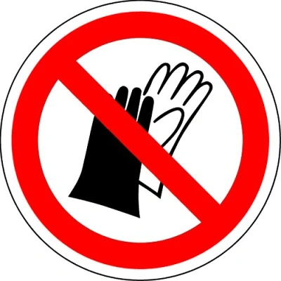 Image of ISO Safety Label Sign International Do not wear Gloves Symbol Self Adhesive Sticker 100mm Diameter