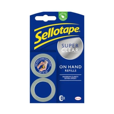 Image of Sellotape On Hand Refills, Extra Strong Adhesive Tape, Clear Tape Refills for Arts &amp; Crafts, the Dispenser, 18mm x 15m, Pack of 2