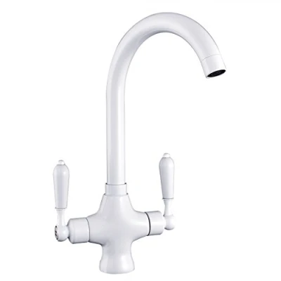 Image of Funime Traditional Kitchen Sink Mixer Taps White Elegant Ceramic Dual Lever Monobloc Swivel Spout Chrome Brass with Free Hoses, DT35F