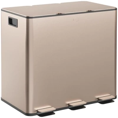 Image of HOMCOM 45L Kitchen Bin, Stainless Steel Pedal Bin with 3 Compartments, Soft Close Lid, Removable Inner Buckets, Fingerprint Proof for Recycling and Waste, x 15L, Gold Tone
