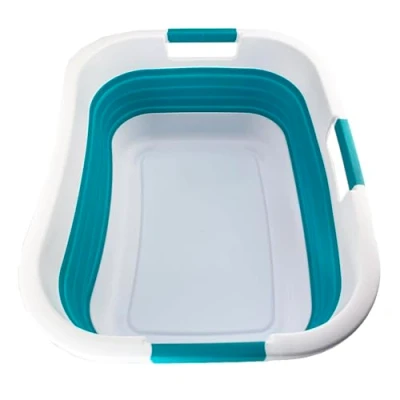 Image of SAMMART 30L Collapsible Plastic Laundry Basket Foldable Pop Up Storage Container/Organizer Portable Washing Tub Space Saving (1, White/Ceramic Blue)