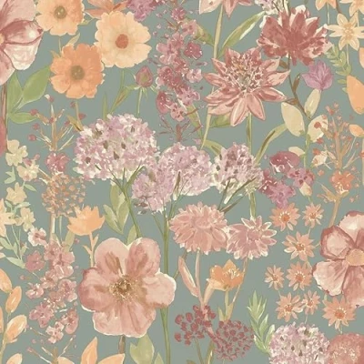 Image of SOPHIE LAURENCE Wildflowers Blue Wallpaper Vibrant Pink &amp; Purple Floral Print, Washable, Paste The Paper, Modern Design, 0.53m x 10.05m Roll, Perfect for Any Room, Wet Removable