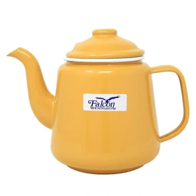 Image of Enamel Teapot Tin Falcon Mustard White Rim 1.5L Gas and Electric Hobs Compatible