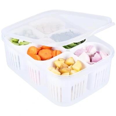 Image of BELLE VOUS 6 Pcs Fridge Food Storage Containers with Lids Airtight Refrigerator Fresh Box Detachable Drain Basket Vegetables Sealed Keeper for Ginger, Garlic, Onion
