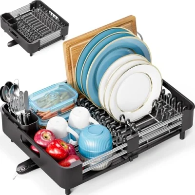 Image of KINGRACK Extendable Dish Draining Rack, Stainless Steel, Foldable Rack with Removable Cutlery Holder and Anti Scratch Holder, Adjustable Drainage Spout, Black