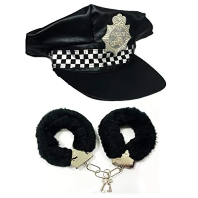 Image of Stylex Party Ltd Police Checkered Hat &amp; Black Fluffy Handcuffs Fancy Dress Costume Cops Robbers