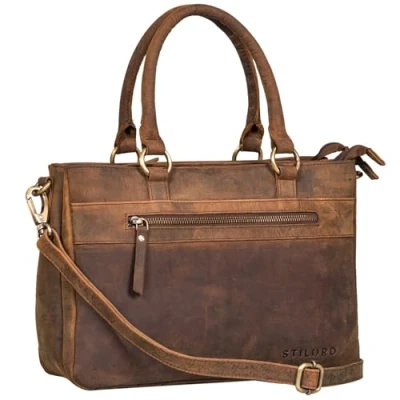 Image of STILORD &#039;Frauke&#039; Organised Leather Handbag Ladies Shoulder Bag Vintage Shopper Messenger Office Handle Genuine Leather, Colour:vinto brown