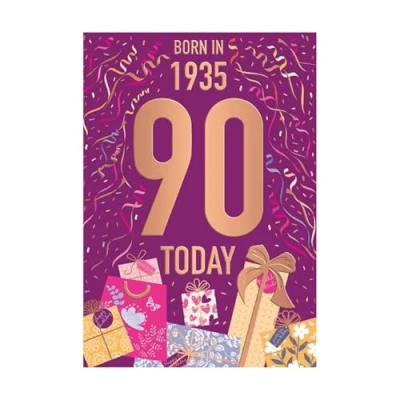 Image of Words &#039;n&#039; Wishes Female 90th Birthday Card Happy Age 90 with Born in 1935 Confetti and Gifts Design Embossed Foil Details for Women