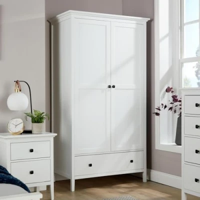 Image of Home Source Bedroom 2 Door 1 Drawer Wardrobe, Clothes Hanging Rail, Storage Shelf, White
