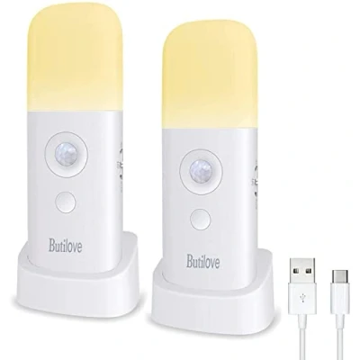 Image of Night Light with Motion Sensor, Pack of 2, Rechargeable, Portable, USB Cable, Wireless Wall Automatic On/Off, for Cupboard, Wardrobe, Kitchen, Stairs, Bedroom