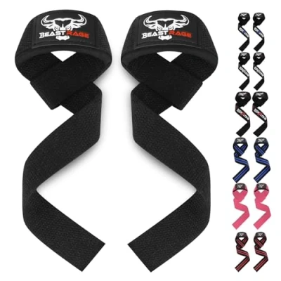 Image of BEAST RAGE Weight Lifting Straps Fitness Padded Cotton Wrist Support Gel Advanced Grips Dumbbell Bar Wraps Heavy Duty Gym Bodybuilding Power Deadlift Barbells Non Slip Exercise (Black)