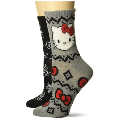 Image of Hello Kitty Women&#039;s Holiday 2 Pack Mid Crew Socks Casual, Grey Assorted, 8 10 UK