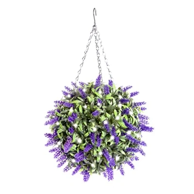 Image of Best Artificial 28cm Pre Lit Lavender Flower Ball with 30 Bright White LED Waterproof Battery Lights (Purple)