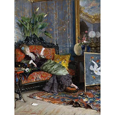 Image of Artery8 Lucius Rossi Young Woman Reading 1875 Painting Art Print Canvas Premium Wall Decor Poster Mural