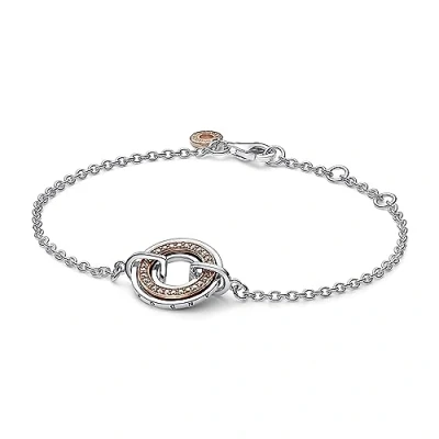 Image of Pandora Signature logo sterling silver and 14k rose gold plated bracelet with clear cubic zirconia, 18