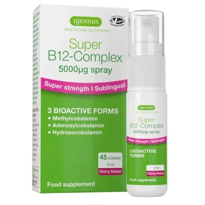 Image of Super B12 Complex 5000mcg, Sublingual Spray, Methylated Vitamin B12, High Strength Methylcobalamin, Adenosylcobalamin &amp; Hydroxocobalamin, Natural Cherry Flavor, 45 Servings, Vegan, by Igennus