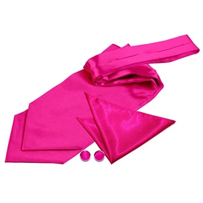 Image of DQT Men Plain Satin Wedding Cravat &amp; Pocket Square + Cufflinks Pre Tied, Hot Pink