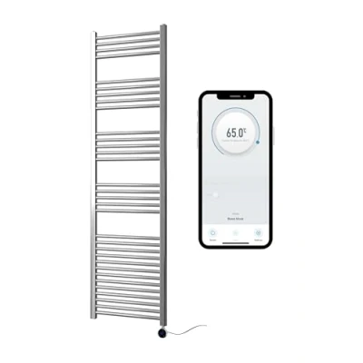 Image of Greened House Chrome Electric Smart WiFi Controlled Heated Towel Rail 500mm W x 1800mm H Flat 7 Day Programmable Timer App Compatibility