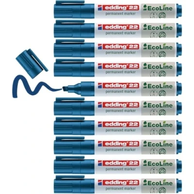 Image of edding 22 Ecoline permanent marker blue box of 10 chisel tip 1 5 mm waterproof, quick drying, smear proof pens for cardboard, plastic, glass, wood, metal and fabric refillable