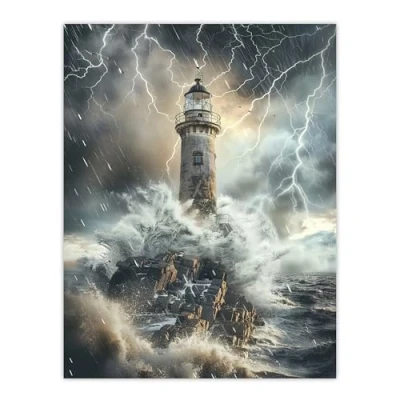 Image of Artery8 Lighthouse Thunderstorm Sea Crushing Waves Living Room Large Wall Art Poster Print Thick Paper 18X24 Inch