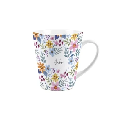 Image of Customisable Floral Gift Mug Colourful Flowers Small Latte Ceramic Tea/Coffee Cup Personalised Presents for Her