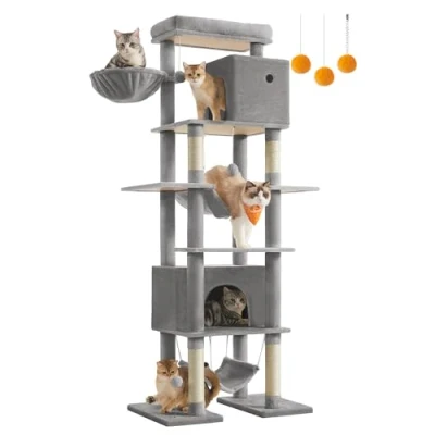 Image of Feandrea 201 cm Tall Cat Tree, XXL Large Tower for Indoor Cats, Multi Level Condo with 4 Scratching Posts, 2 Hammocks, a Perch, Caves, Anti Tip Kit, Light Grey PCT195G01