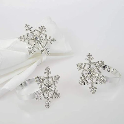 Image of Poitemsis Silver Snowflake Napkin Rings with Diamond for Christmas Thanksgiving Table Decoration(Set of 6)