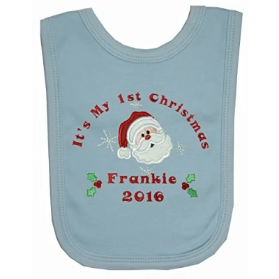 Image of Baby’s 1st Personalised Santa Applique Christmas Bib. (Blue)