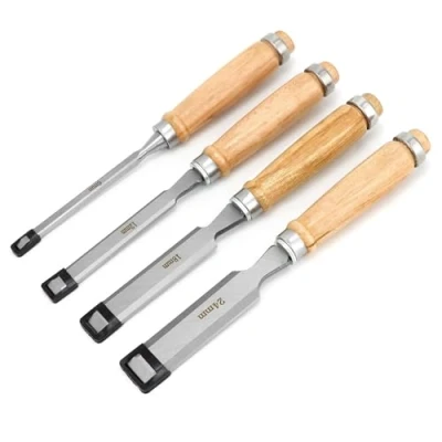 Image of QWORK® 4 Pieces Wood Chisel Set Woodworking Carving Hand Tools 1/4&quot;, 1/2&quot;, 3/4&quot; and 1&quot; (6mm, 12mm, 19mm, 24mm) with Easy Grip Handles