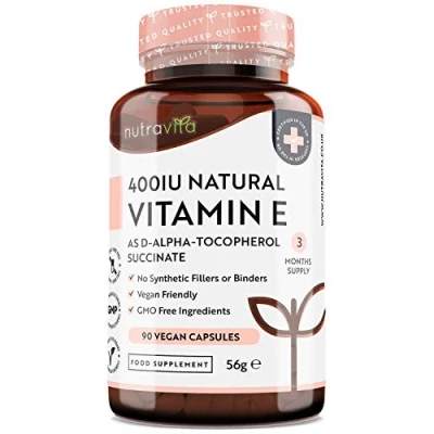 Image of Vitamin E 400IU D Alpha Tocopherol 100% Natural 90 Vegan Capsules Highly Absorbable 3 Month Supply Protects Cells from Oxidative Stress Made in The UK by Nutravita