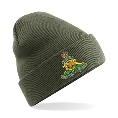 Image of PSave Royal Artillery Insignia Mens Premium Embroidered Beanie Hat, Bob Hat British Army Military (Military Green)
