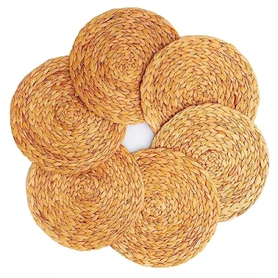 Image of Set of 4 Large Round Woven Placemats, Water Hyacinth Straw Braided Tablemats Natural Handmade Heat Resistant Non Slip Potholder for Dining Table (11.8 inch, Placemats)