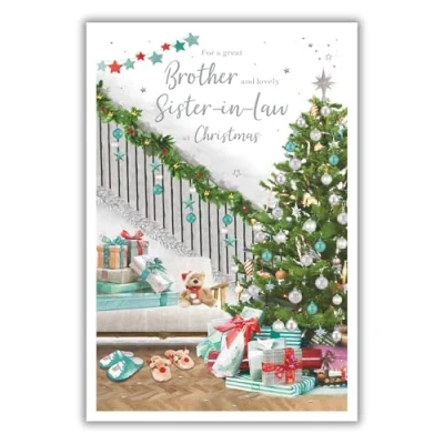 Image of ICG Brother and Sister In Law Christmas Card, Single Cards with an Artistic Decorated Tree Festive Design Special Finishes Xmas Envelope