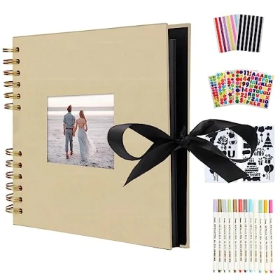 Image of Scrapbook Photo Album AIOR Memory Books DIY Handmade Scrapbooking Albums, Birthday Gifts for Girls Women, Personalised Wedding Anniversary Presents Couple, 80 Black Pages (Yellow)
