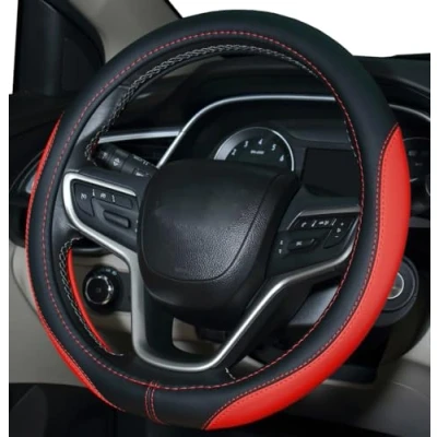 Image of Xihaoer Steering Wheel Cover, Universal Size 37 38cm, Red, Faux Leather
