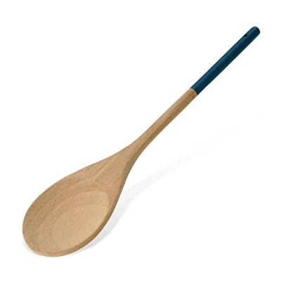 Image of Tasty Wooden Kitchen Serving Spoon, Spoon Ladle with Blue Handle, for Cooking and Food, Utensil, Dimensions: 30 x 6.5 cm, Colours: Light Brown