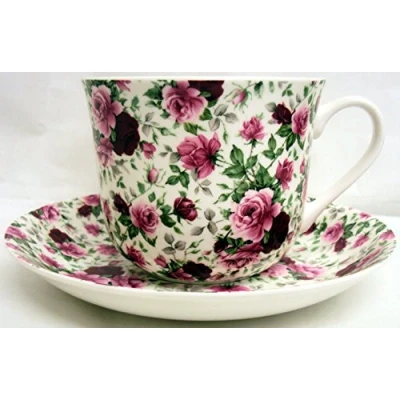 Image of English Rose Breakfast Cup &amp; Saucer Fine Bone China Large Roses Set Hand Decorated in The U.K. Free UK Delivery