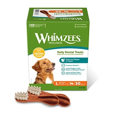 Image of WHIMZEES By Wellness Toothbrush, Month Box, Natural and Grain Free Dog Chews, Dental Sticks for Large Breeds, 30 Pieces (One Supply), Size L
