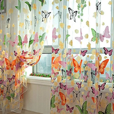 Image of Lommer Transparent Curtain, Set of 2 200 x 100 cm Curtains Flocking Window Screening Voile Tab Top Curtain Tulle Yarn for Bedroom and Living Room, Butterfly Pattern (Colourful)