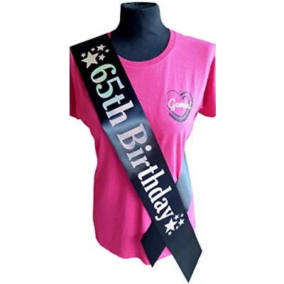 Image of Gemini Ribbons 65th Birthday Star Sash 65 Mens Womens Unisex Party Gift Decorations Black Silver Holographic